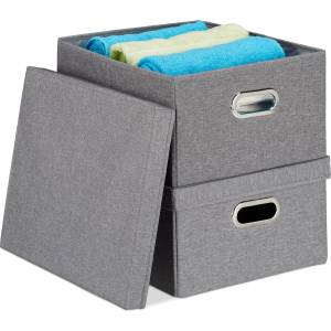 Relaxdays opbergdoos - 2 stuks - opvouwbare opbergbox met deksel - 25 liter per bewaardoos - 20,5 x 34,5 x 42 cm - grijs