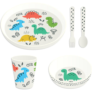 Kinderservies Dinosauria RPET - Set - Bord&Bestek&Beker&Schaaltje - 18,5cm/13,5cm/8,5x7cm/5,5x11,5cm Kinderservies Dinosauria RPET - Set - Bord&Bestek&Beker&Schaaltje - 18,5cm/13,5cm/8,5x7cm/5,5x11,5cm