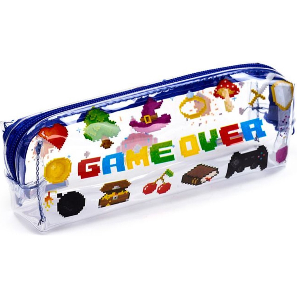Etui/Pennenzak - Game Over - Transparant&Blauw/Rits - 7x19x4cm