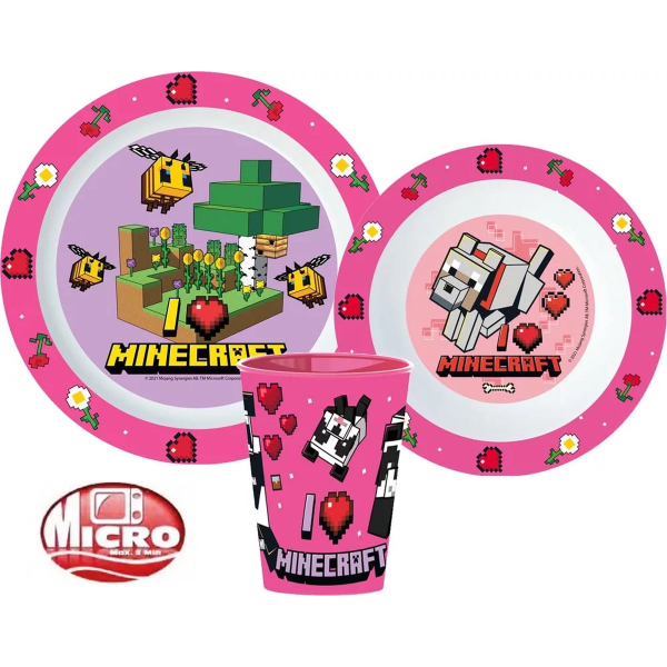 Minecraft - roze - ontbijtset - beker, bord, bakje - 3 delig - kinderservies