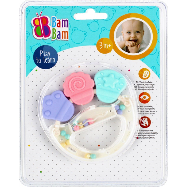 Bam Bam rammelaar bijtspeelgoed - 3 maanden - 2 in 1 - stimuleer vaardigheden baby peuter 3m+