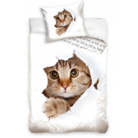 Cat Curious - nieuwsgierige kat - Beddengoedset – 1-Persoons – Dekbedovertrek 140×200 cm + Kussensloop 70×80 cm – Ivoorwit – Zacht Microfiber