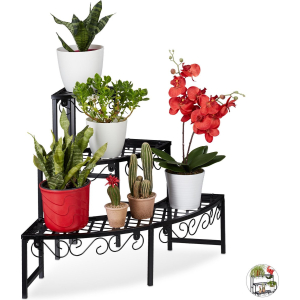 Relaxdays plantentrap metaal - 3 etages - tuin - balkon of terras - voor hoeken - 62x70x60 cm - zwart