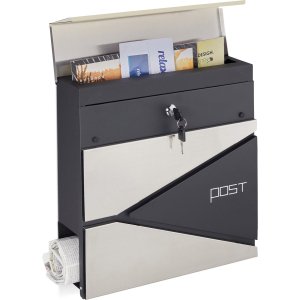 Hangende wandbrievenbus met krantenrol - 37x37x11 cm - rvs & staal - zilver/zwart met slot